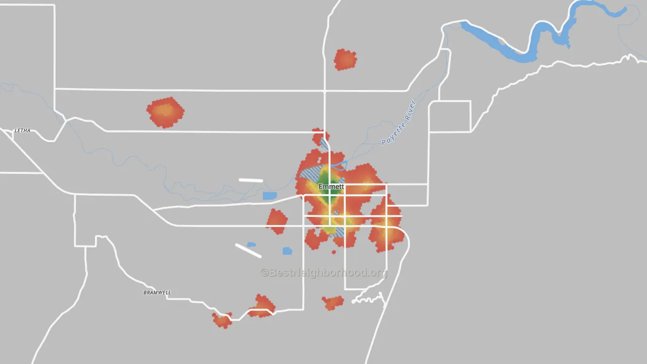 Walk Grade map of Emmett, ID, walkable areas in green and car-dependent areas in red