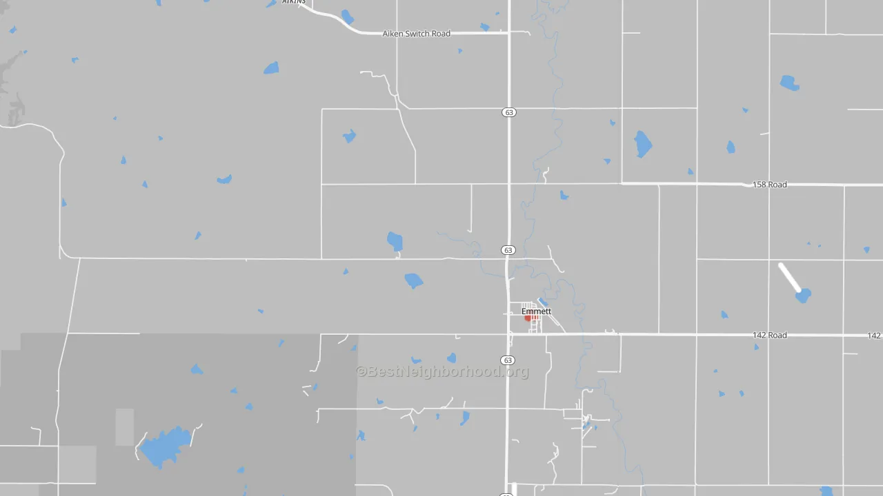 Walk Grade map of Emmett, KS, walkable areas in green and car-dependent areas in red