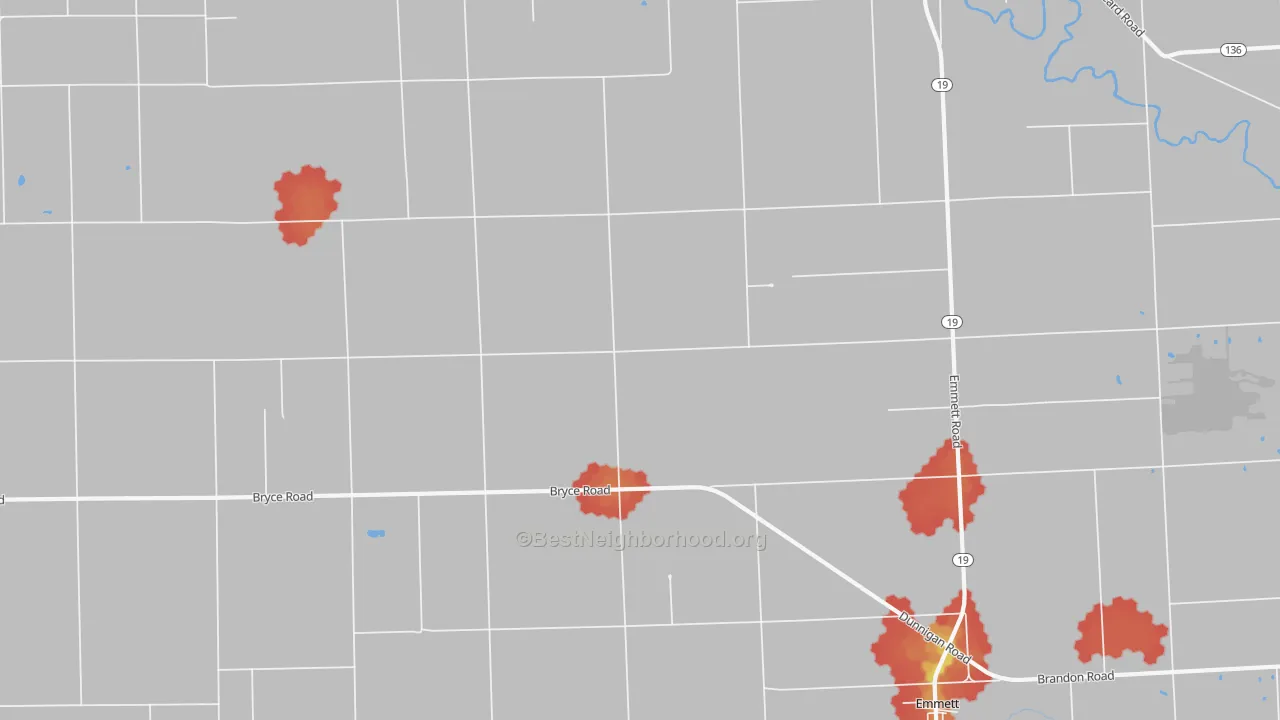 Walk Grade map of Emmett, MI, walkable areas in green and car-dependent areas in red