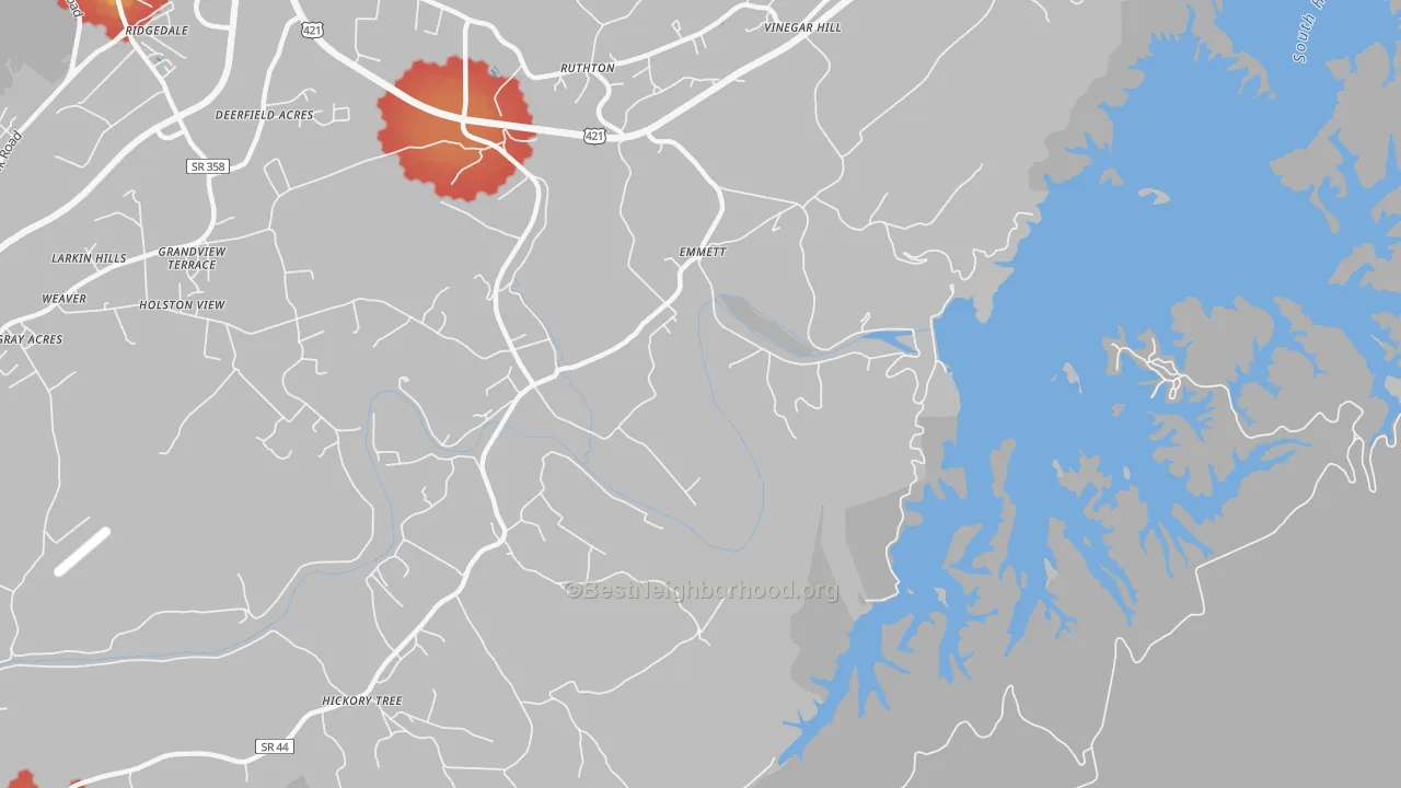 Walk Grade map of Emmett, TN, walkable areas in green and car-dependent areas in red