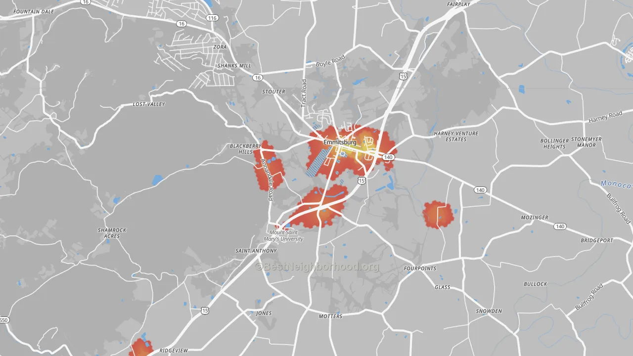 Walk Grade map of Emmitsburg, MD, walkable areas in green and car-dependent areas in red
