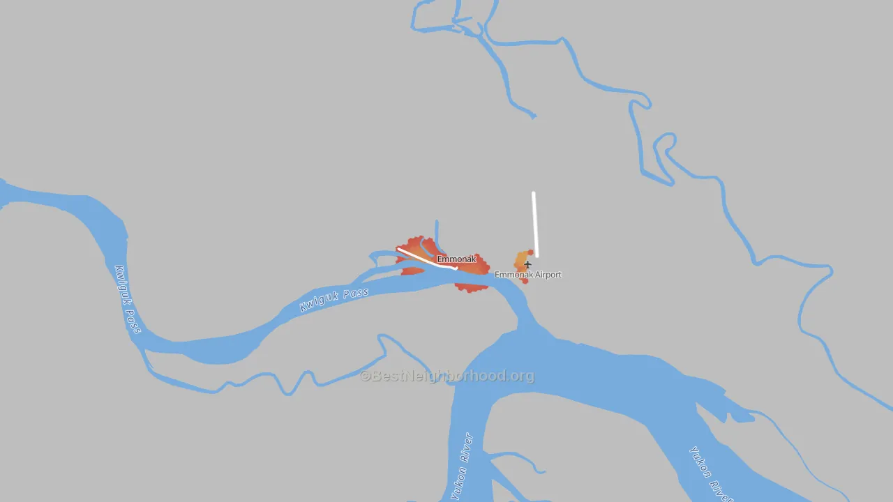 Walk Grade map of Emmonak, AK, walkable areas in green and car-dependent areas in red