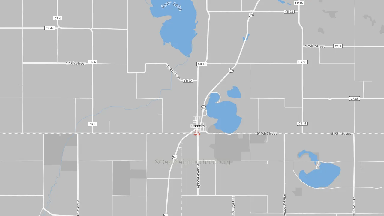 Walk Grade map of Emmons, MN, walkable areas in green and car-dependent areas in red