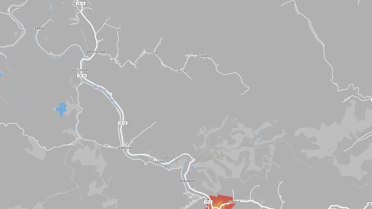 Walk Grade map of Emmons, WV, walkable areas in green and car-dependent areas in red