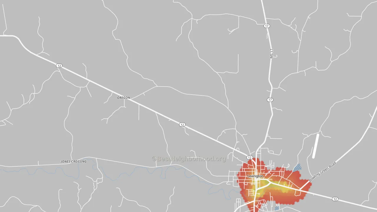 Walk Grade map of Emory, MS, walkable areas in green and car-dependent areas in red