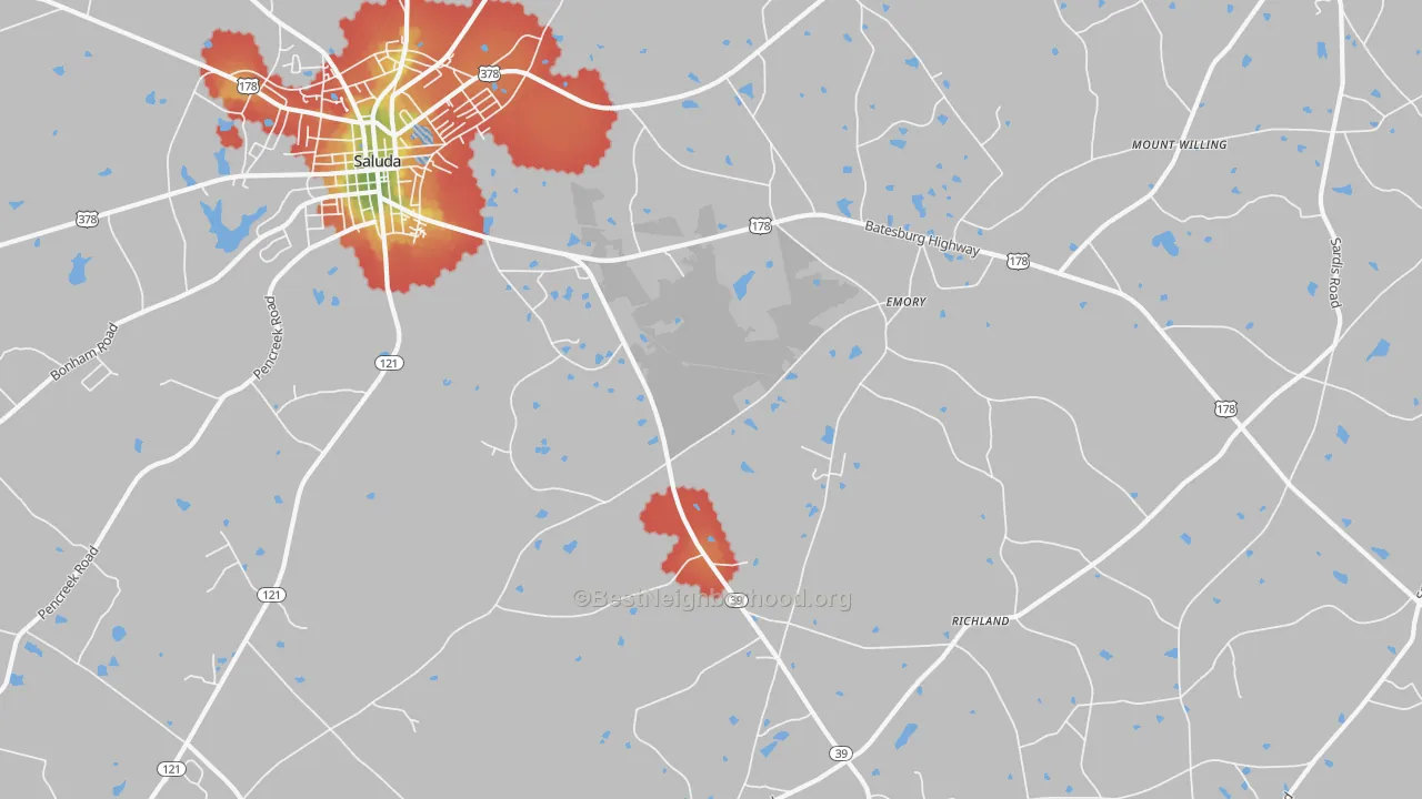 Walk Grade map of Emory, SC, walkable areas in green and car-dependent areas in red