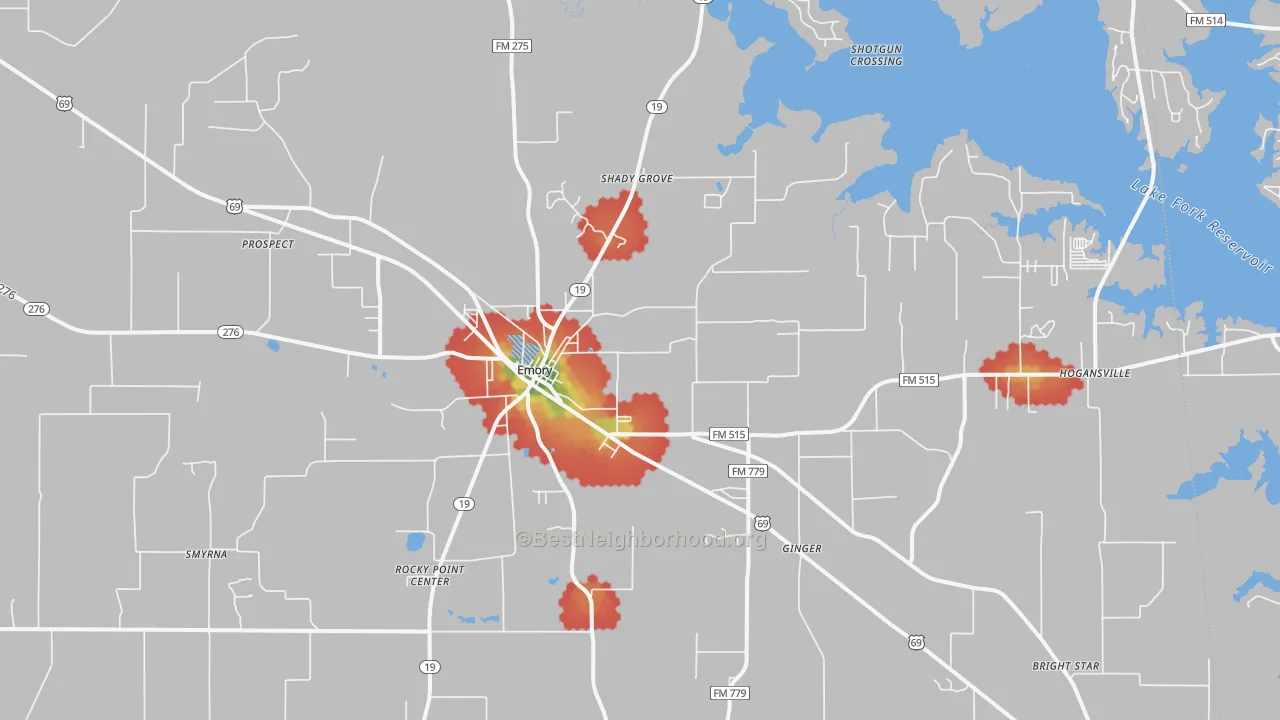 Walk Grade map of Emory, TX, walkable areas in green and car-dependent areas in red