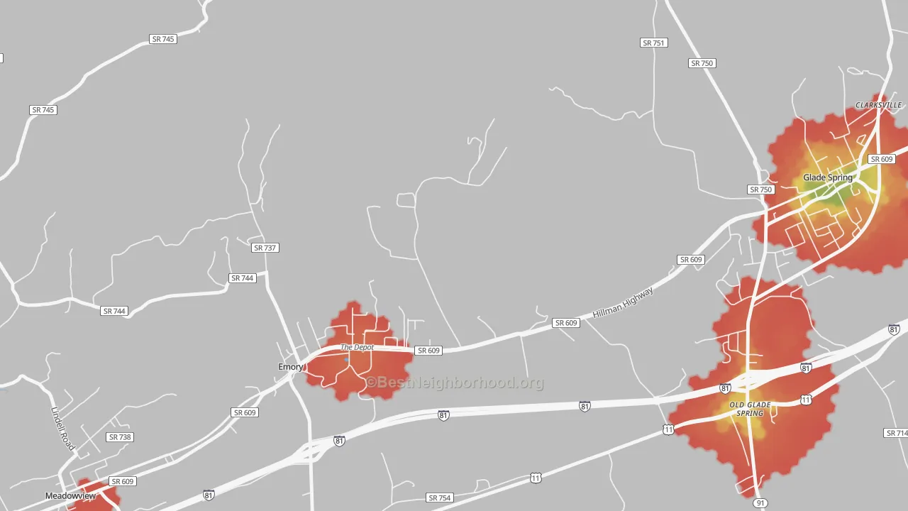 Walk Grade map of Emory, VA, walkable areas in green and car-dependent areas in red