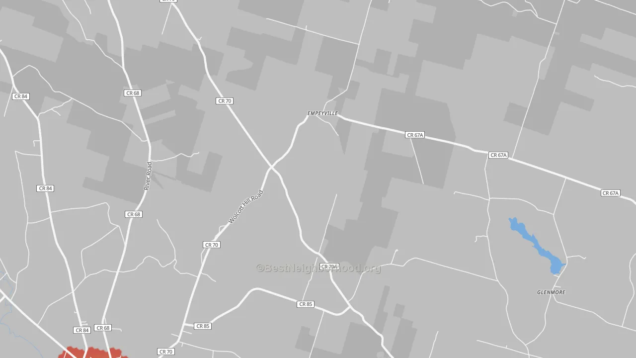 Walk Grade map of Empeyville, NY, walkable areas in green and car-dependent areas in red