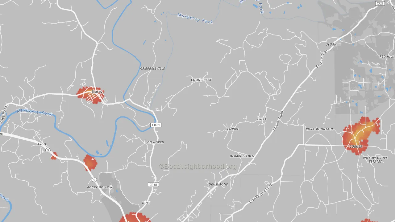 Walk Grade map of Empire, AL, walkable areas in green and car-dependent areas in red