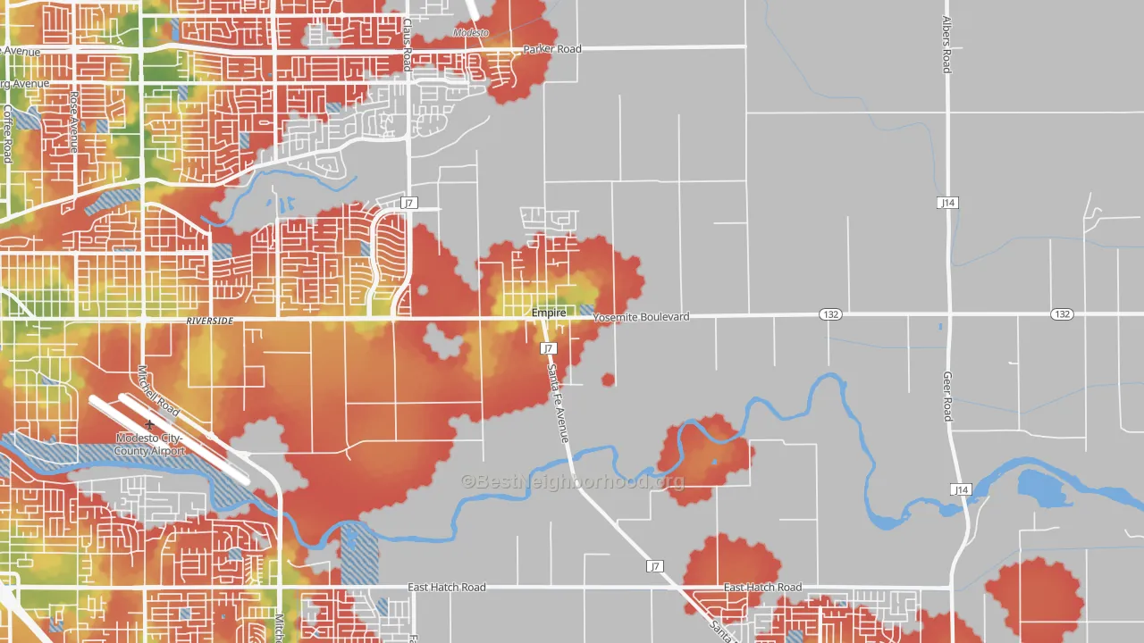 Walk Grade map of Empire, CA, walkable areas in green and car-dependent areas in red