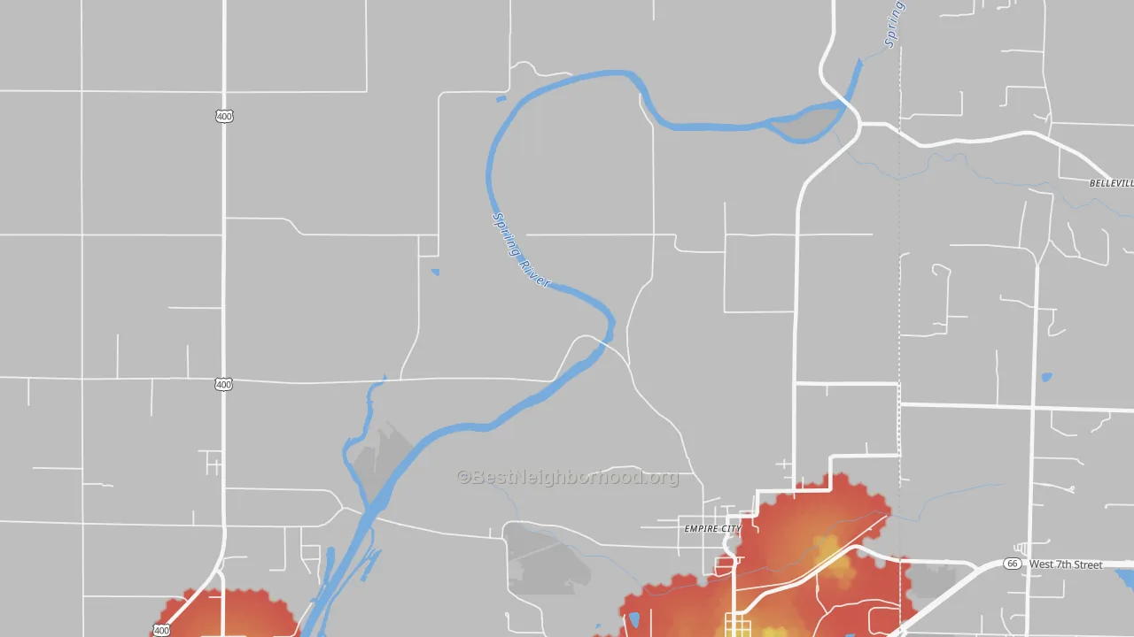 Walk Grade map of Empire City, KS, walkable areas in green and car-dependent areas in red