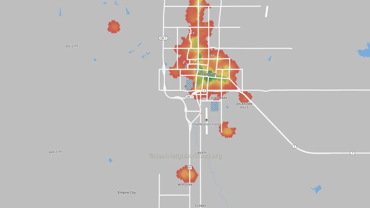 Walk Grade map of Empire City, OK, walkable areas in green and car-dependent areas in red
