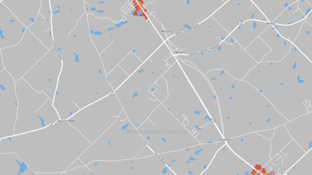 Walk Grade map of Empire, GA, walkable areas in green and car-dependent areas in red