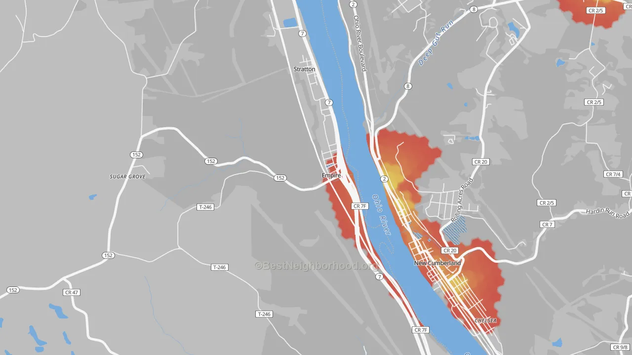Walk Grade map of Empire, OH, walkable areas in green and car-dependent areas in red