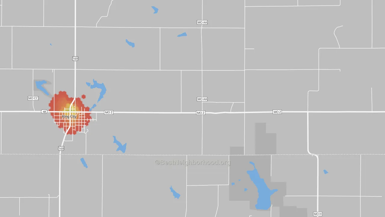 Walk Grade map of Empire Prairie, MO, walkable areas in green and car-dependent areas in red