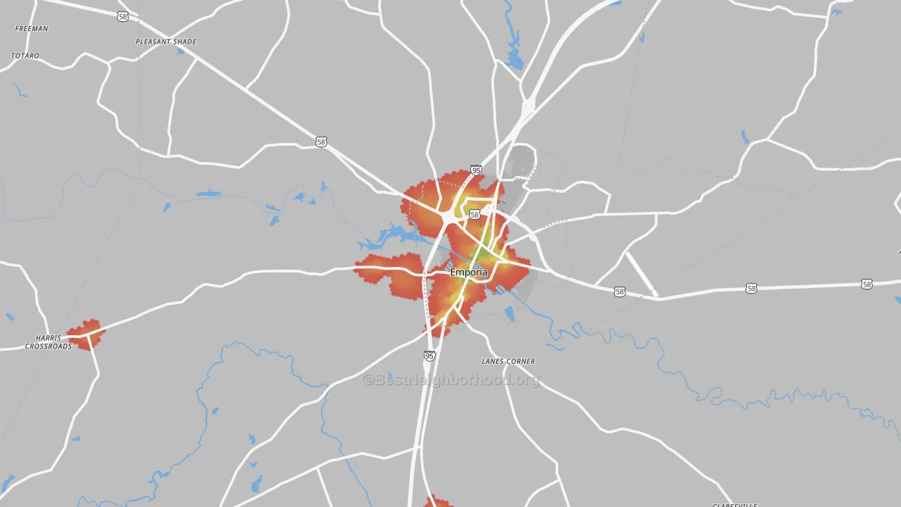 Walk Grade map of Emporia, VA, walkable areas in green and car-dependent areas in red