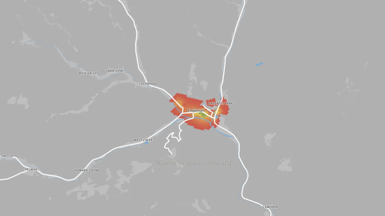 Walk Grade map of Emporium, PA, walkable areas in green and car-dependent areas in red