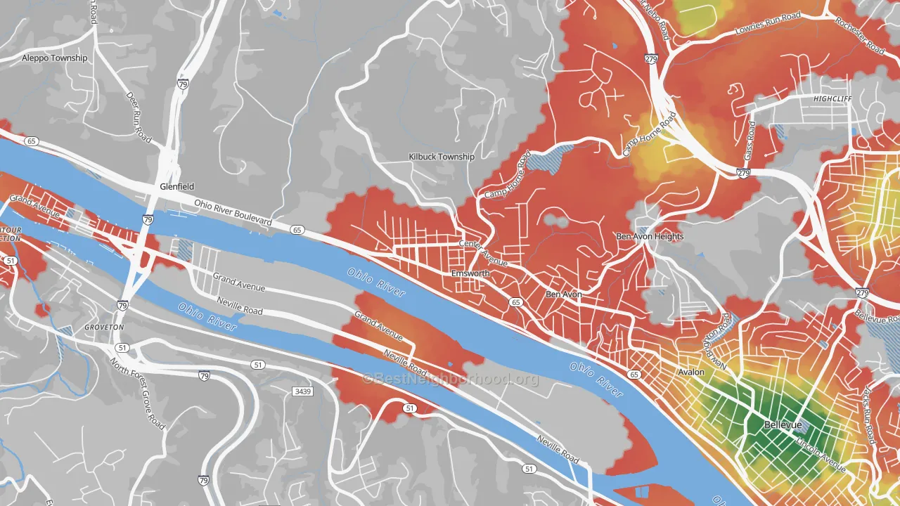 Walk Grade map of Emsworth, PA, walkable areas in green and car-dependent areas in red