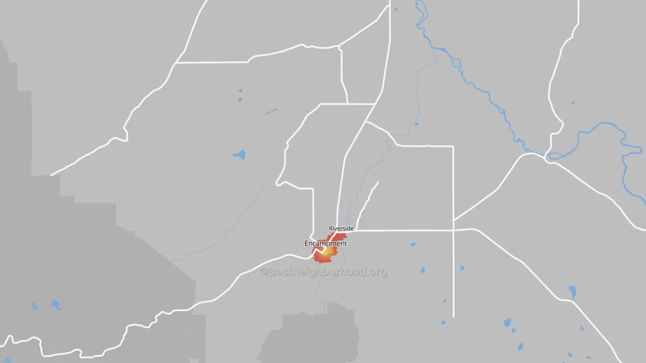 Walk Grade map of Encampment, WY, walkable areas in green and car-dependent areas in red