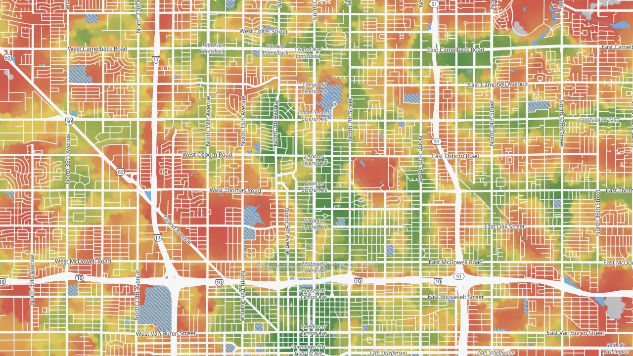 Walk Grade map of Encanto, Phoenix, AZ, walkable areas in green and car-dependent areas in red