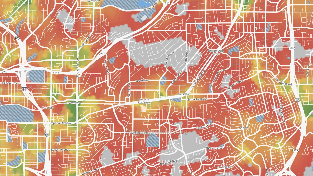 Walk Grade map of Encanto, San Diego, CA, walkable areas in green and car-dependent areas in red