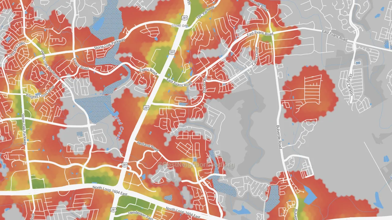 Walk Grade map of Encino Park, San Antonio, TX, walkable areas in green and car-dependent areas in red