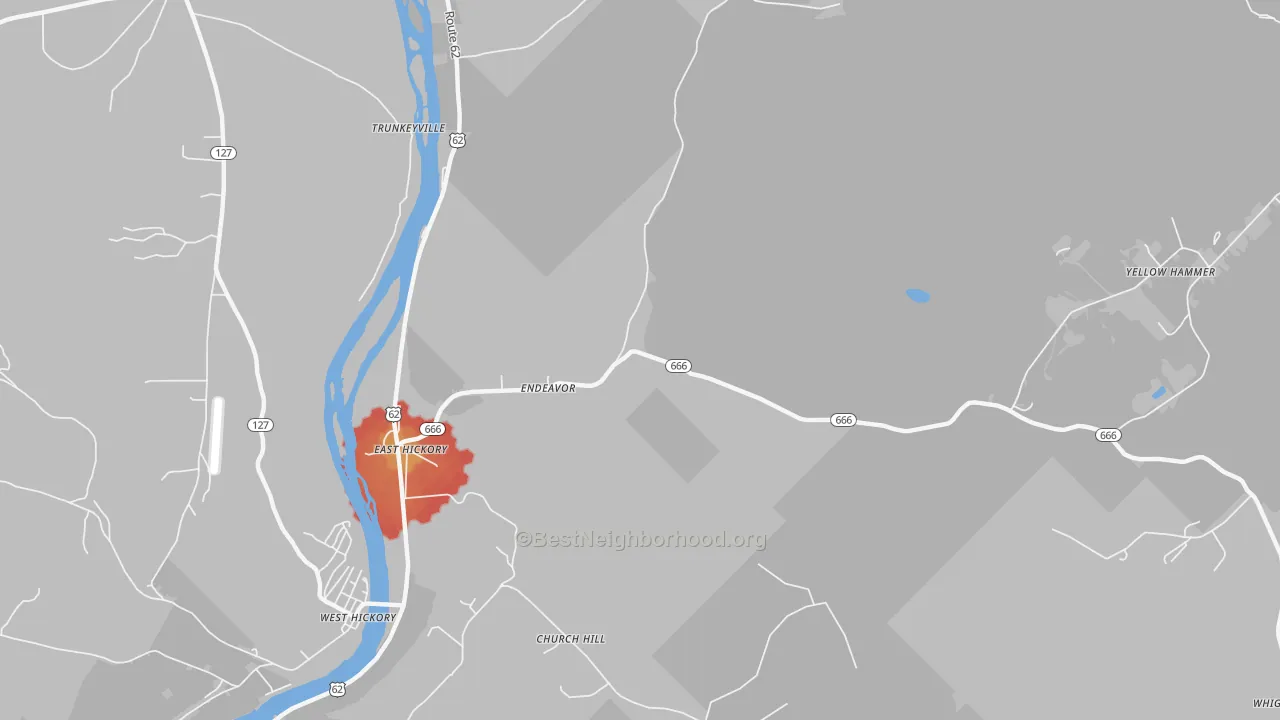 Walk Grade map of Endeavor, PA, walkable areas in green and car-dependent areas in red