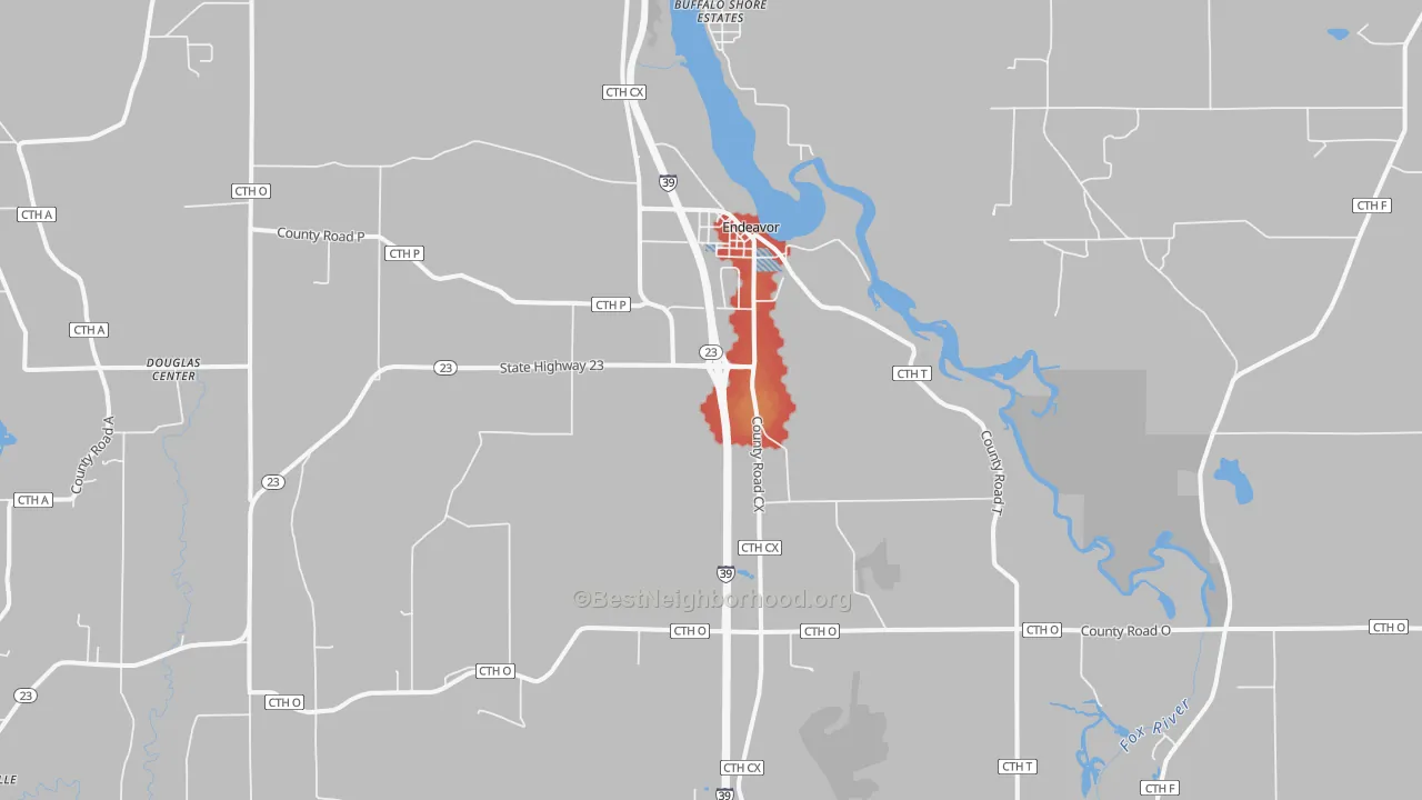 Walk Grade map of Endeavor, WI, walkable areas in green and car-dependent areas in red