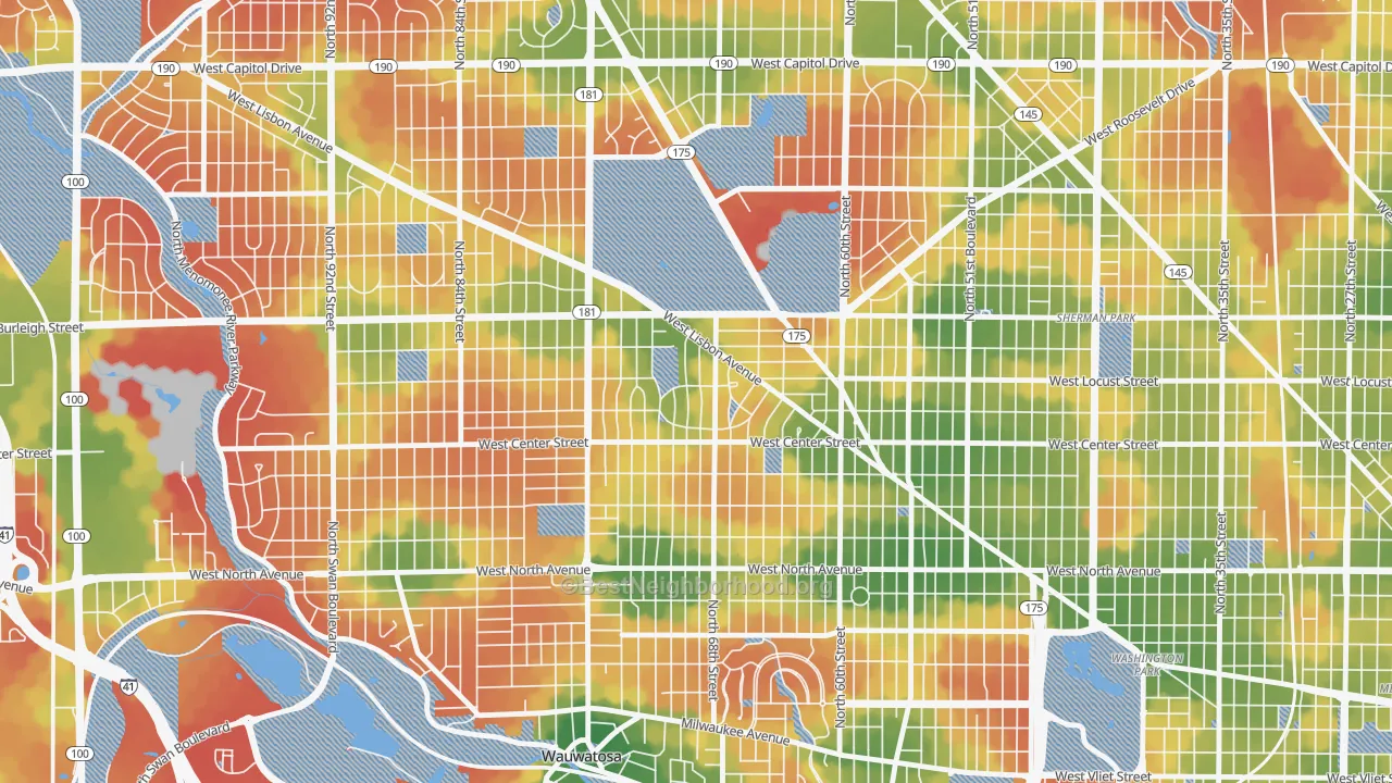 Walk Grade map of Enderis Park, Milwaukee, WI, walkable areas in green and car-dependent areas in red