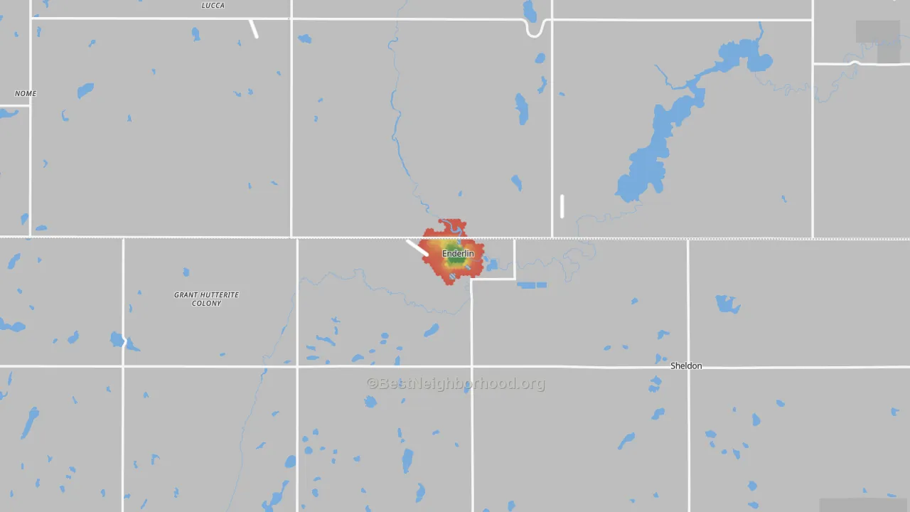 Walk Grade map of Enderlin, ND, walkable areas in green and car-dependent areas in red