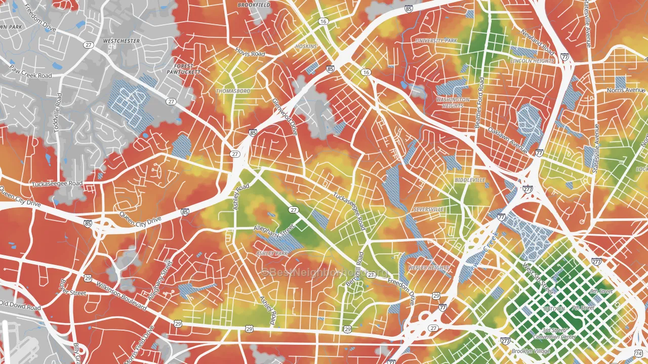 Walk Grade map of Enderly Park, Charlotte, NC, walkable areas in green and car-dependent areas in red