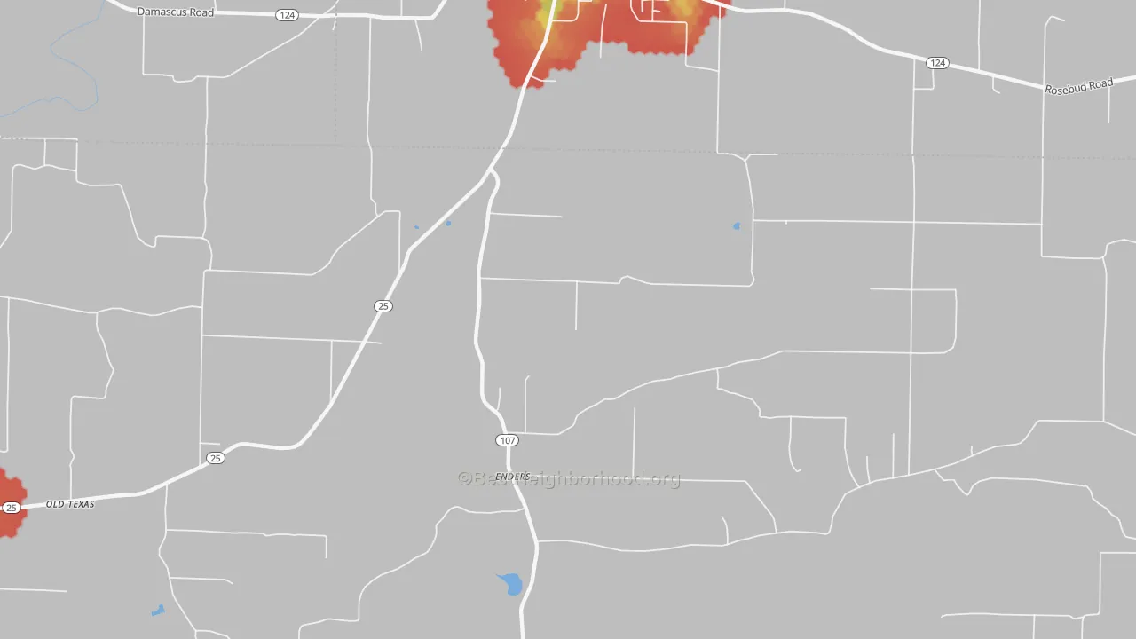 Walk Grade map of Enders, AR, walkable areas in green and car-dependent areas in red
