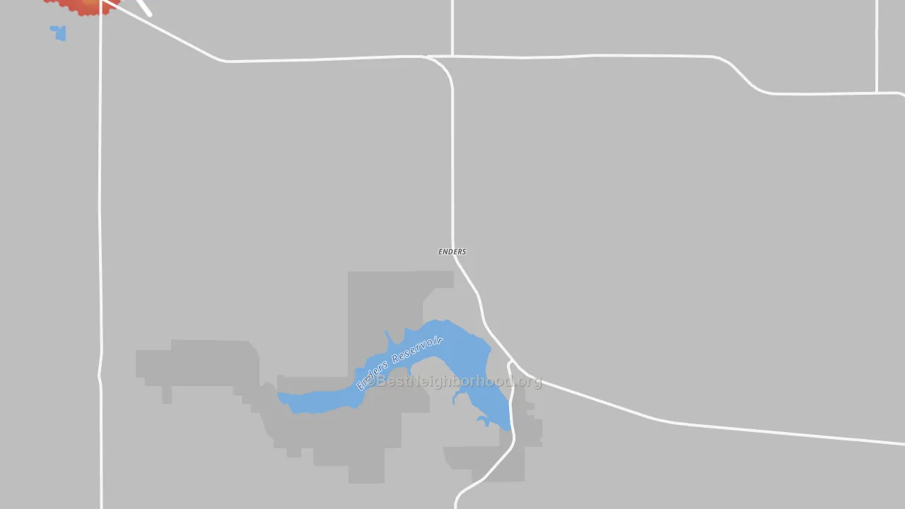 Walk Grade map of Enders, NE, walkable areas in green and car-dependent areas in red