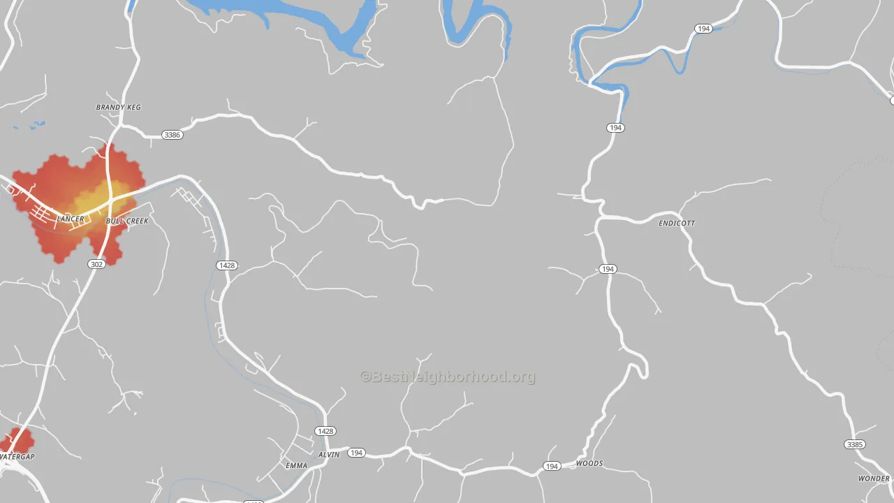 Walk Grade map of Endicott, KY, walkable areas in green and car-dependent areas in red