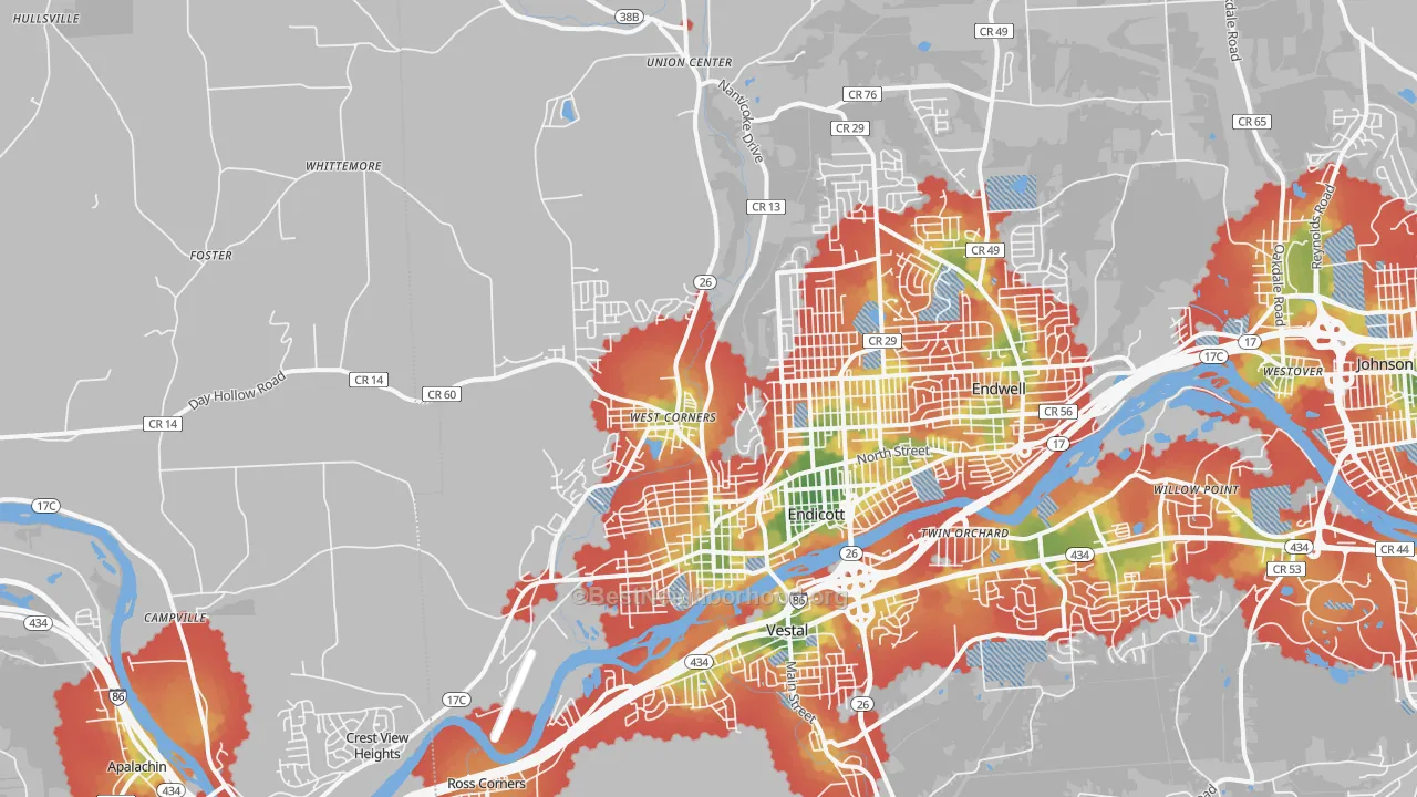 Walk Grade map of Endicott, NY, walkable areas in green and car-dependent areas in red