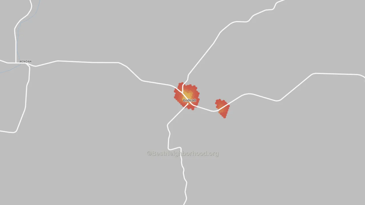 Walk Grade map of Endicott, WA, walkable areas in green and car-dependent areas in red