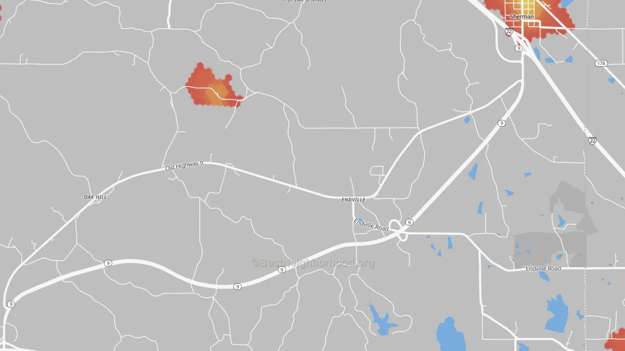 Walk Grade map of Endville, MS, walkable areas in green and car-dependent areas in red