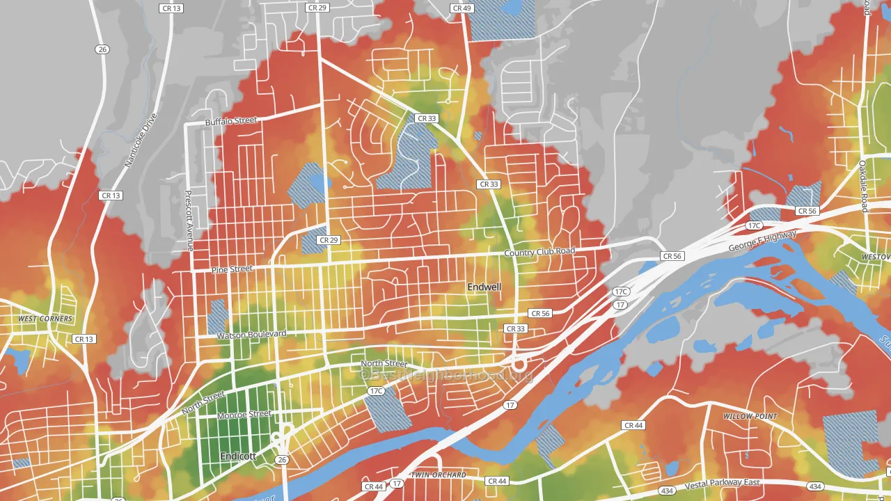 Walk Grade map of Endwell, NY, walkable areas in green and car-dependent areas in red
