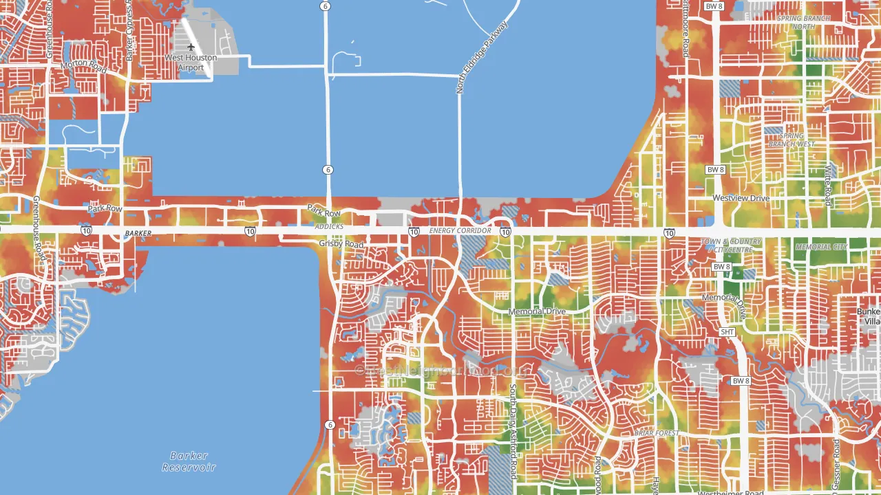 Walk Grade map of Energy Corridor, Houston, TX, walkable areas in green and car-dependent areas in red