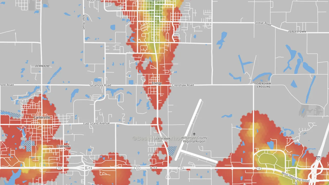 Walk Grade map of Energy, IL, walkable areas in green and car-dependent areas in red