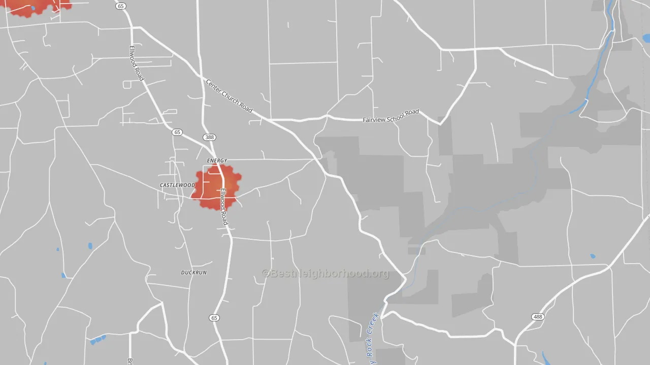 Walk Grade map of Energy, PA, walkable areas in green and car-dependent areas in red