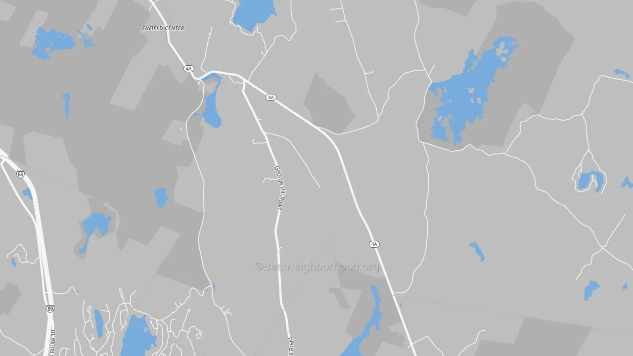 Walk Grade map of Enfield Center, NH, walkable areas in green and car-dependent areas in red