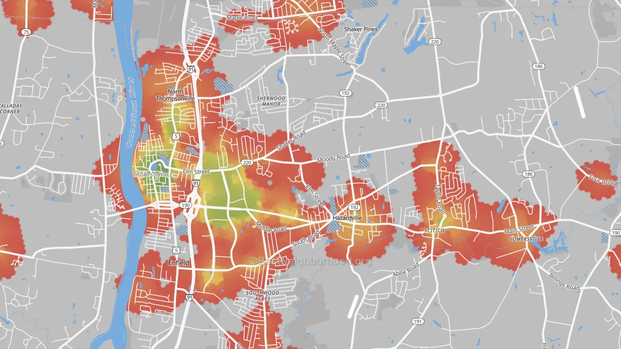 Walk Grade map of Enfield, CT, walkable areas in green and car-dependent areas in red
