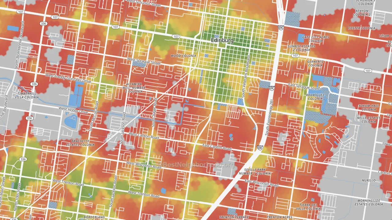 Walk Grade map of Enfield Estates, Edinburg, TX, walkable areas in green and car-dependent areas in red