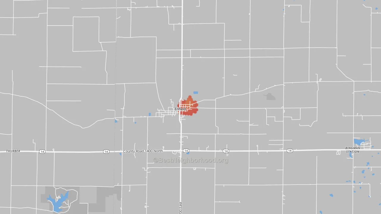 Walk Grade map of Enfield, IL, walkable areas in green and car-dependent areas in red
