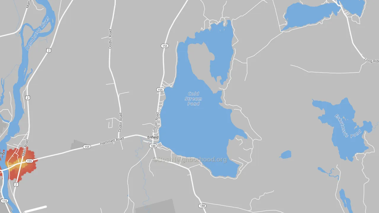 Walk Grade map of Enfield, ME, walkable areas in green and car-dependent areas in red