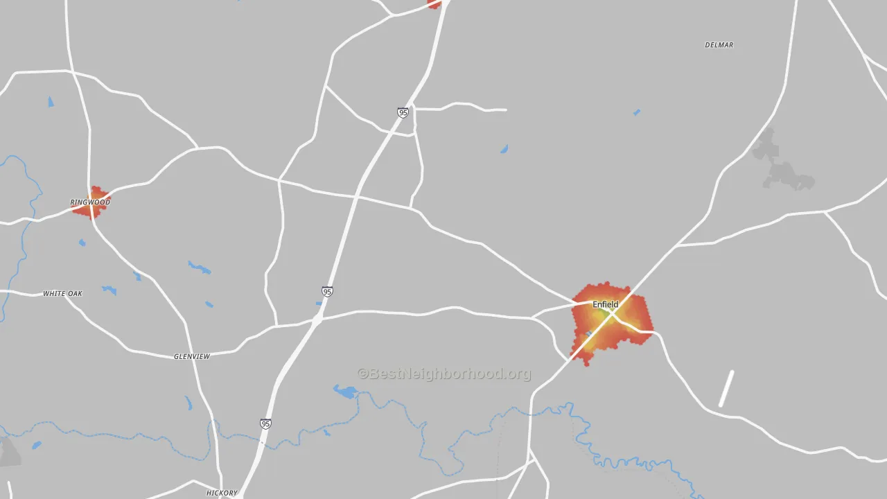 Walk Grade map of Enfield, NC, walkable areas in green and car-dependent areas in red