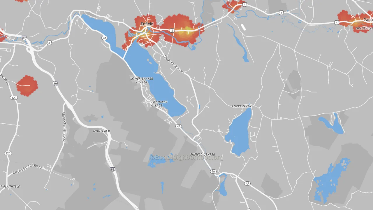 Walk Grade map of Enfield, NH, walkable areas in green and car-dependent areas in red