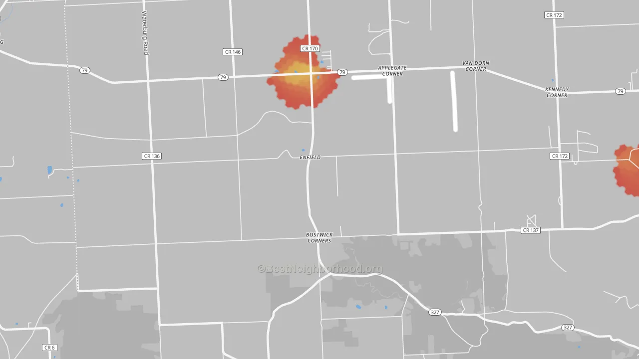 Walk Grade map of Enfield, NY, walkable areas in green and car-dependent areas in red